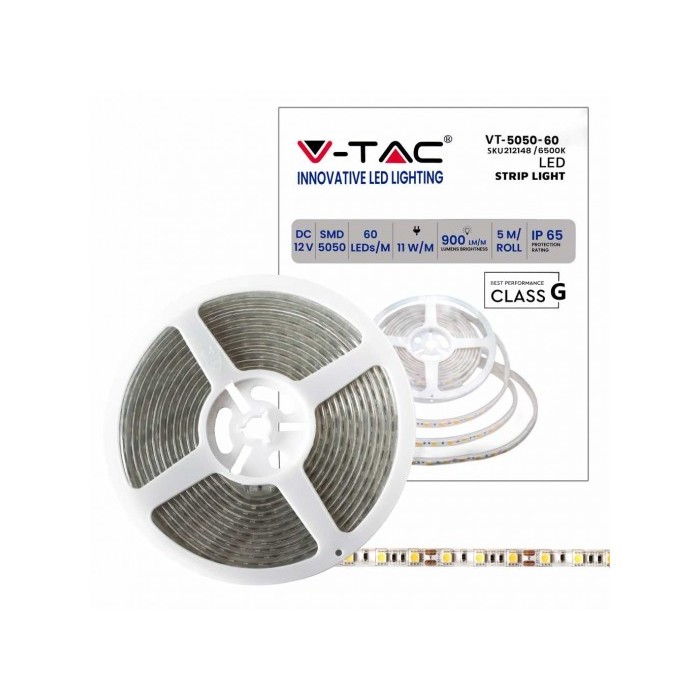STRISCIA LED VT-5050-60 60LED/MT 12V STRIP 5MT 11W/M BIANCO FREDDO 6500K IP65 (212148)