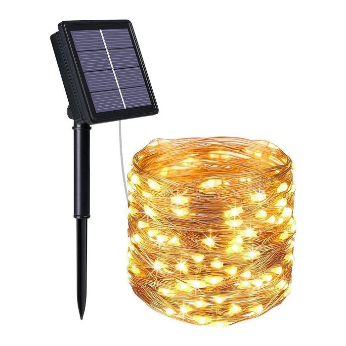 CATENA LUMINOSA SOLARE 10M LED DA ESTERNO CON PANNELLO SOLARE LUCE CALDA E PICCHETTO