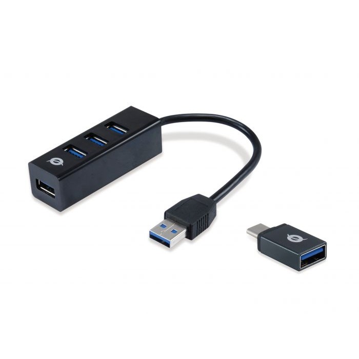 HUB 3 PORTE USB 3.2 GEN 1 (3.1 GEN 1) TYPE-A (HUBBIES04B) NERO CON ADATTATORE USB-C