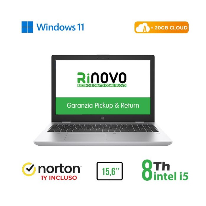 NOTEBOOK 650 G5 15.6" INTEL CORE I5-8 GEN. 8GB 256GB SSD WINDOWS 11 PRO + NORTON ANTIVIRUS + 20GB CLOUD - RICONDIZIONATO -