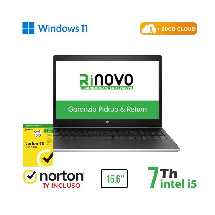 NOTEBOOK 450 G5 15.6" INTEL CORE I5-7 GEN. 8GB 512GB SSD WINDOWS 11 PRO + NORTON ANTIVIRUS + 20GB CLOUD - RICONDIZIONATO (RN6252