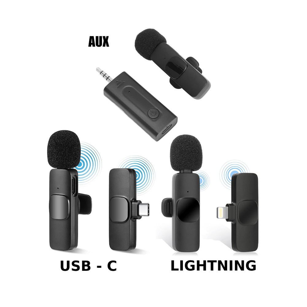 MICROFONO LAVALIER WIRELESS LIGHTNING/TYPE-C/AUX SMARTPHONE APPLE ANDROID IPAD (WR03) CON CLIPS