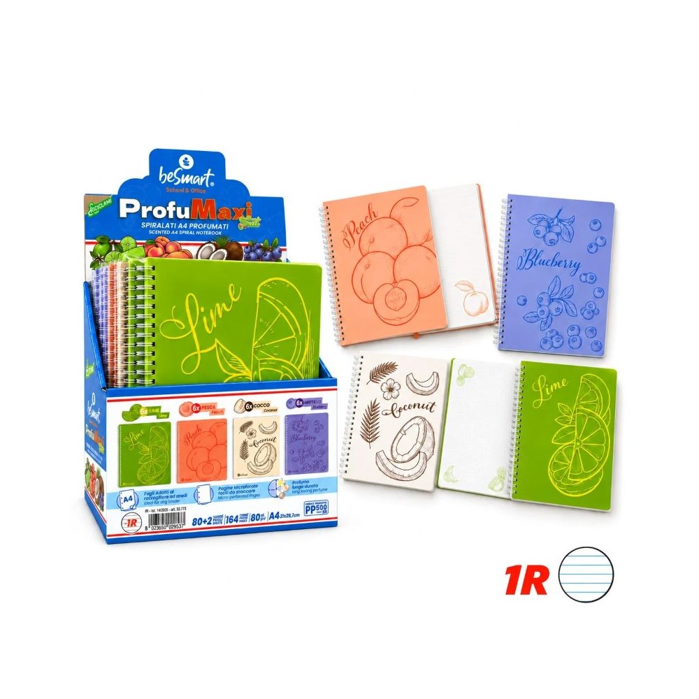 QUADERNO SPIRALATO PROFUMAXI A4 1R FRUIT SENSE 80 FOGLI - A RIGHE - COLORI ASSORTITI
